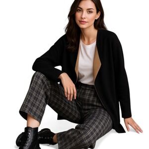 Eileen Fisher Black Tan Silk Organic Cotton Reversible open cardigan sweater  S